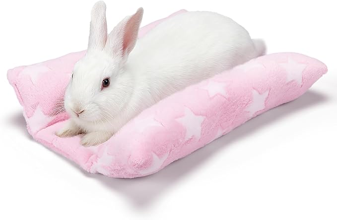 MEWTOGO 15.7x14in Rabbit Bed - Thickened Soft Bunny Concave Bed, Cuddle Cushion Plush Mat with Cotton Lounger Pillows for Cage Sleeping Indoor Bunny Gifts, Pink-Star