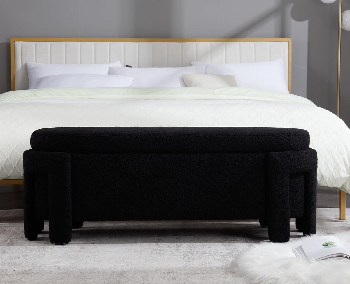 Kmax 50" Storage Ottoman Bench Modern Faux Fur Boucle Entryway Bench Comfy Upholstered End of Bed Bench for Hallway Entrance Bedroom Corner, Black