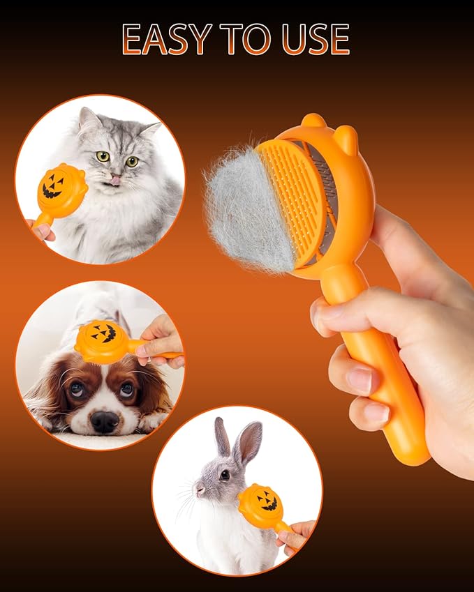 Self-Cleaning Dog & Cat Slicker Brush, Skin Friendly Deshedding Grooming Tool for Long or Short Haired Dogs Cats Rabbits, Dog Shedding Brush with Release Button - Pumpkin
