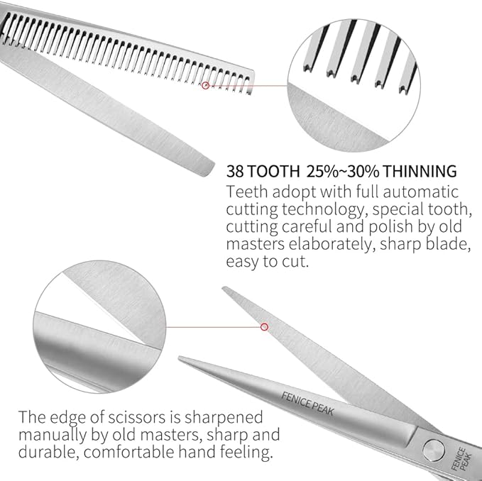 Fenice Peak 3pcs Dog Grooming Scissors Set Straight Thinning Curved Shears Stainless Steel Shears for Pet Grooming Sharp and Durable with Case Suitable for home users and Professional Groomer