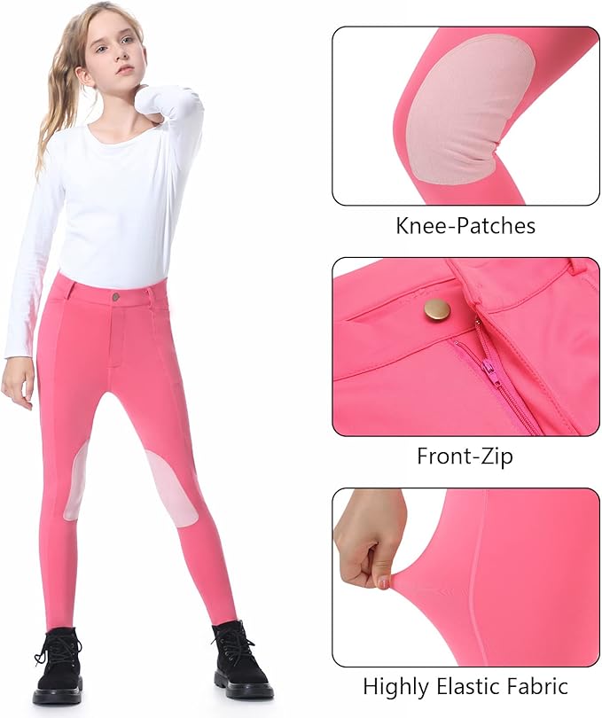 beroy Kids Horse Riding Knee-Patches Pants Girls Equestrian Front-Zip Breeches Legging with Pockets