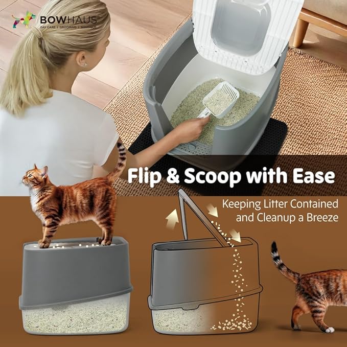 Fully Enclosed Cat Litter Box w/Lid, Scoop, Litter Mat & Odor Fitter, Large Plastic Cat Toilet with Double Door, Anti-Splashing Gato Litter Box with Lockable Front Door, Beige/Pink