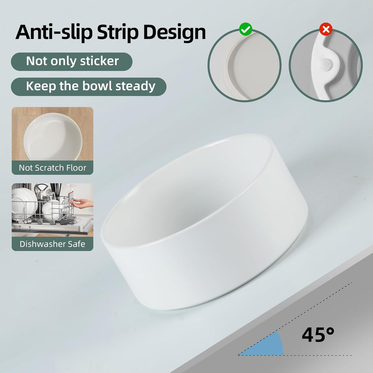 Ceramic Raised Double Bowls Set with Stand, Food & Water Bowls for Medium Breed Dogs, Weighted Dog Dishes, Pet Bowl(7.3'',41OZ, White)