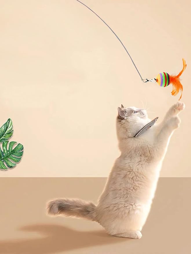 Interactive Cat Feather Toy with Super Suction Cup & Bonus Double-Sided Nano Adhesive – 3 Replaceable Feathers, Bell & Spring Wand – Fun Exercise for Indoor Cats & Kittens (Fly Bird Blue)