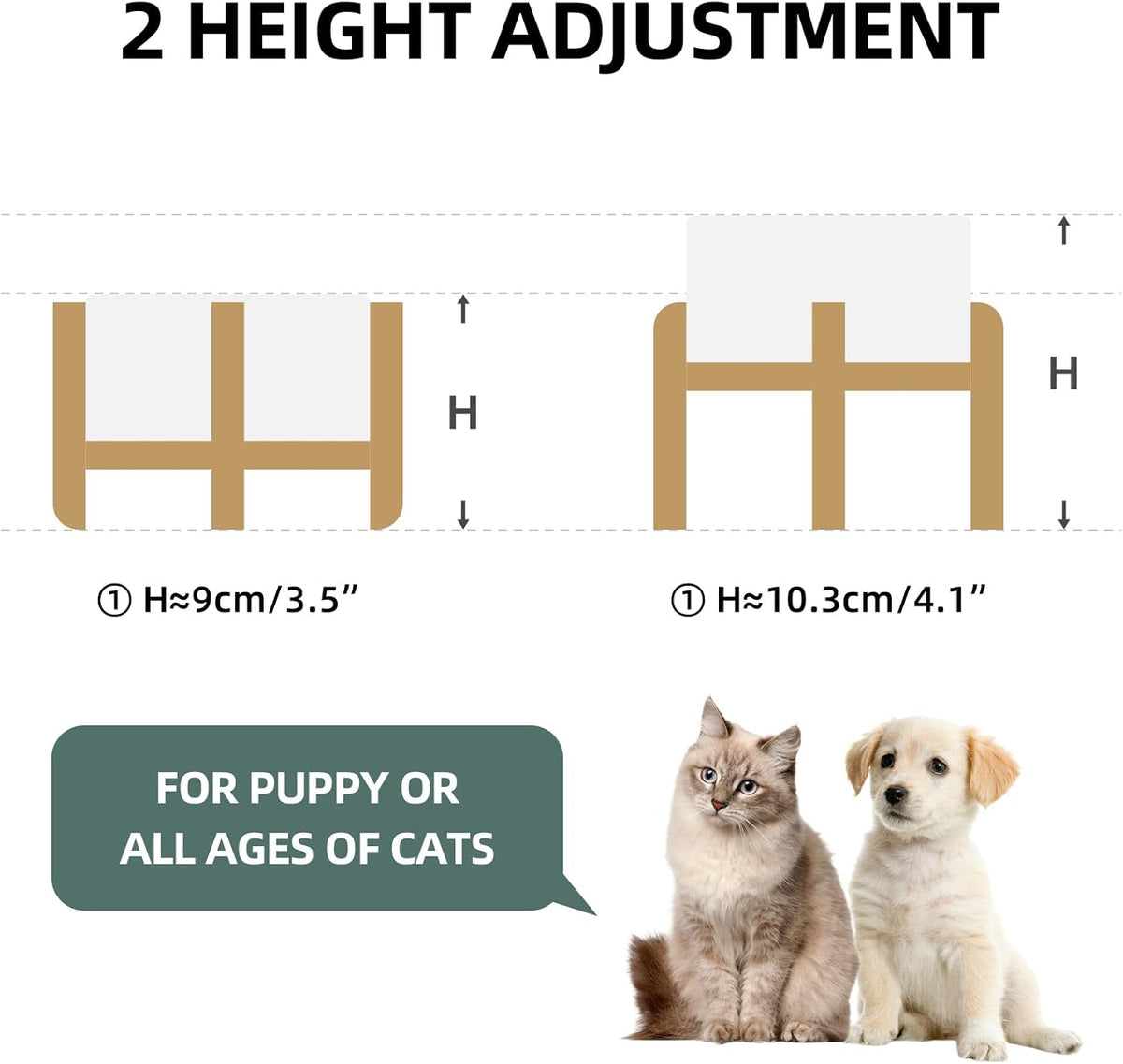 Ceramic Raised Dog and Cat Bowl Set, 2 Heights Elevated Stand, Food and Water Bowl for Small Breed Dogs, Cats, Kitty, Weighted Dog Dishes, Pet Bowls(5.1'',13.5oz, White)