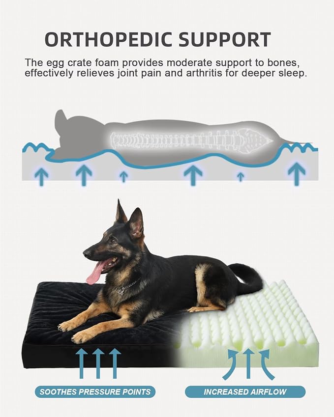 KSIIA Orthopedic Dog Bed Crate Waterproof Pet Mats for Large Dogs Deluxe Plush Washable Pet Bed with Egg Crate Foam & Removable Cover, 41 x 27 Inch, Black