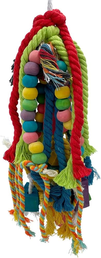 20.5 inch Parrot Chewing Toys - Wooden Block Tearing and Cotton Rope Toys for Medium Large Extra Large Parrot Conures African Grey Amazon Cockatoo and Macaw