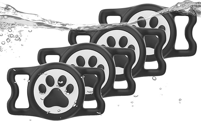 IP68 Waterpoof Dog Airtag Holder, Stretchy Silicone Full Body Covered Apple Air Tag Holder for Dog Cat Collar Fit All Width Collar (4* Black, 4 Pack)