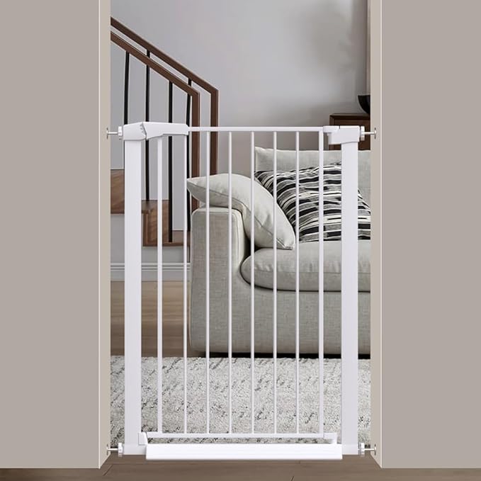 Fairy Baby 38" Extra Tall Baby Gate for Stairs, Fits 29.5" to 32.2" Wide Openings, Metal Auto Close Dog Gate Indoor for The House Doorways, Pressure Mounted Pet Cat Gate for Toddler Kids, White