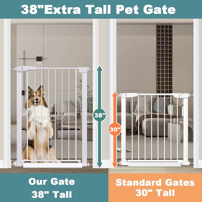 Fairy Baby 38" Extra Tall Baby Gate for Stairs, Fits 29.5" to 32.2" Wide Openings, Metal Auto Close Dog Gate Indoor for The House Doorways, Pressure Mounted Pet Cat Gate for Toddler Kids, White