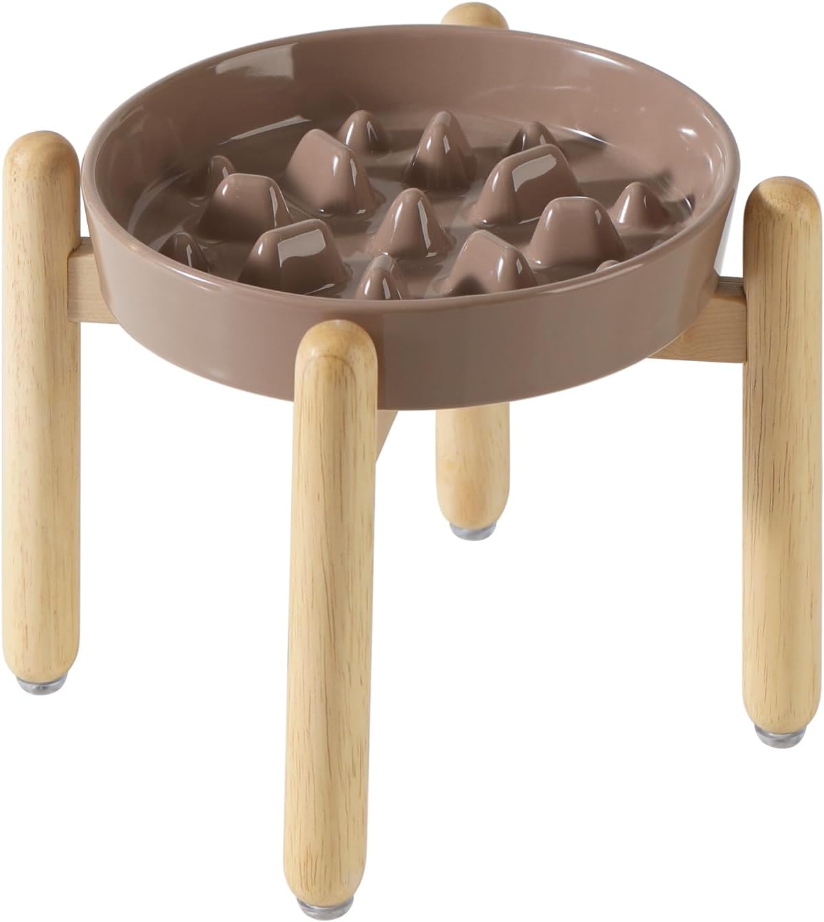 8.2inch Ceramic Dog Raised Slow Feeder Set, Elevated Bowl with Wooden Stand for Large and Medium Dog, Slow Feeder Dish for Fast Easters, Stop Bloat(Brown Coffee, Single Bowl+ Stand)