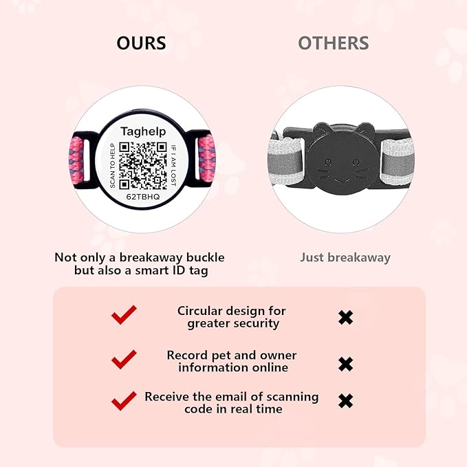 2-Pack Reflective-Breakaway Cat Collars with Bells with QR Code Name Tag, Cat ID Tag Personalized,Smart ID tag Cat Collar,Ideal for Girl Cats Male Cats Kittens Puppies (Black&Pink,NO airtag Holder)