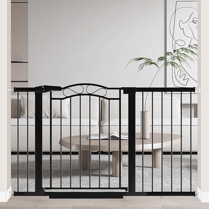Fairy Baby 51.6"-54.3" Extra Wide Baby Gate with Door, 52 53 54 Inches Walk THR Baby Gates for Stairs Pressure Mounted no Drill, Indoor Tension Metal Child Pet Dog Safety Gate for Kids, Black