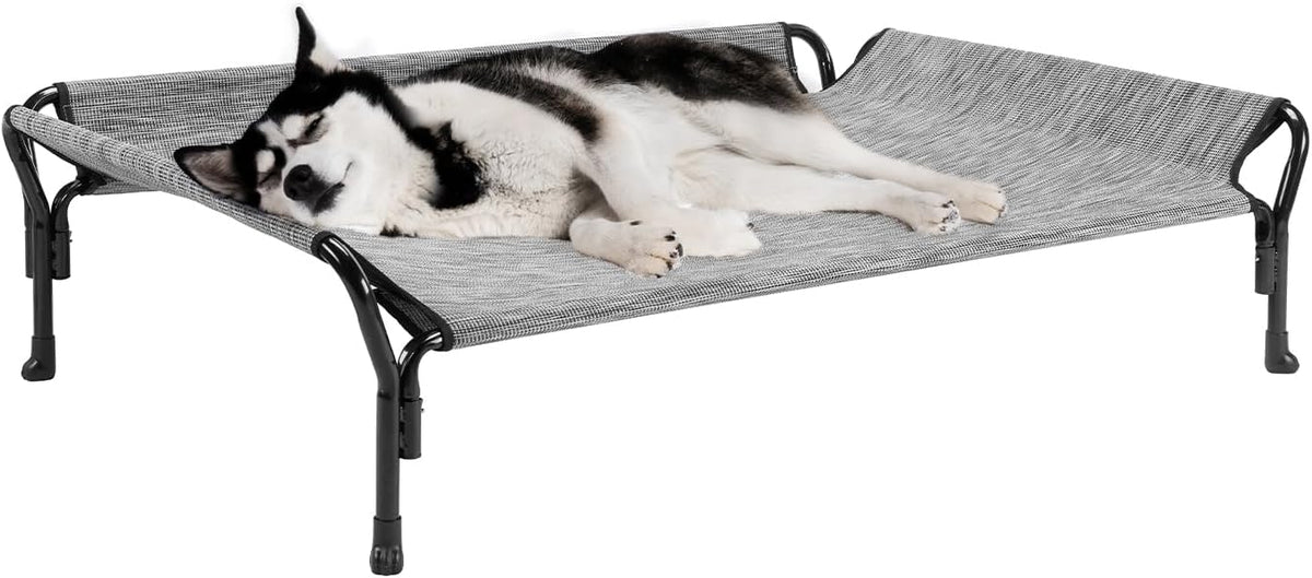 Veehoo Cooling Elevated Dog Bed, Dog Cots for Large Dogs, Raised Dog Bed with Guardrail & Slope Headrest, Durable & Breathable Teslin Mesh, Dog Sofa Bed for Indoor & Outdoor, Large, Black Silver