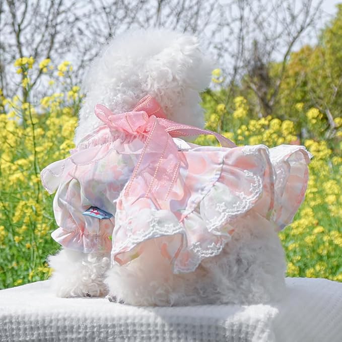 Pink Dog Dress for Small Dog Girl Spring Puppy Clothes with Bow Puff Sleeves Cat Outfit Doggy Princess with Leash Ring Doggies Harness Dress Summer Pet Apparel (Pink, X-Large)