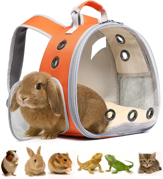 Bunny Carrier, Guinea Pig Carrier,Small Animal Carrier Backpack for Rabbit,Bearded Dragon, Lizard,Hamster,Kitten. Breathable Pet Travel Cage Bag (Orange)