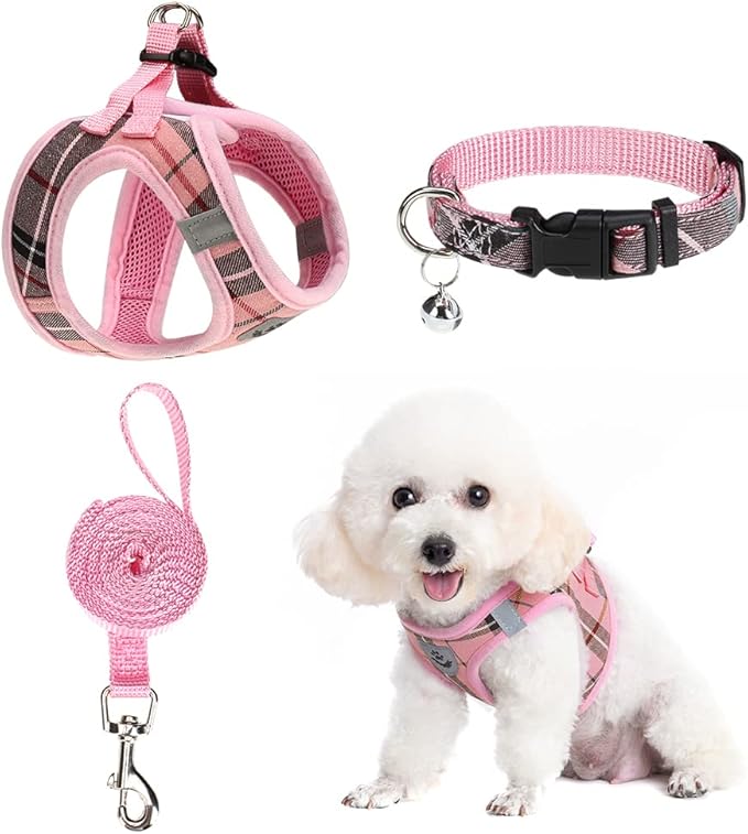 EXPAWLORER Classic Plaid Puppy Harness - Large Dog Collar and Leash - Soft Mesh Padded Adjustable Dog Vest Harness No Pull, Reflective Escape Proof for Outdoor Walking, Pink Large