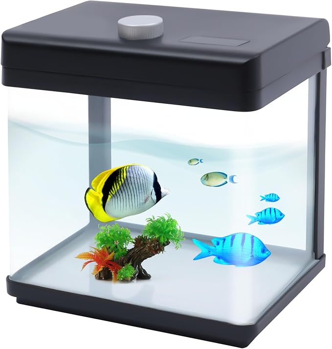 1.5 Gallon Fish Tank Starter Kits, Low Noise Betta Fish Tank with Fil-TER LED Light Submersible Pu-mp, Glass Small Fish Tank Smart Aquarium kit with Dimmer Button Water Temperature Display