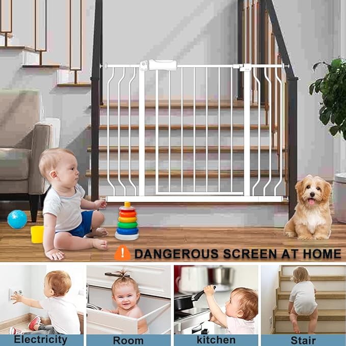 Extra Wide Baby Gate 38.5-43.5 Inch Walk Through Pressure Mounted No Drill Safety Child Gate with Door Tension Metal Gate for Stairs Doorway Puppy Dog Cat