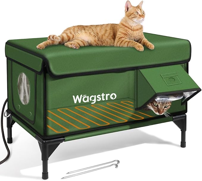 Heated Cat House for Outside, Insulated Weatherproof Heated Outdoor Cat House with Waterproof Eaves & Escape Door, Elevated Outdoor Cat Shelter for Feral Stray Cat (Green, 25.6"x16.5"x18")