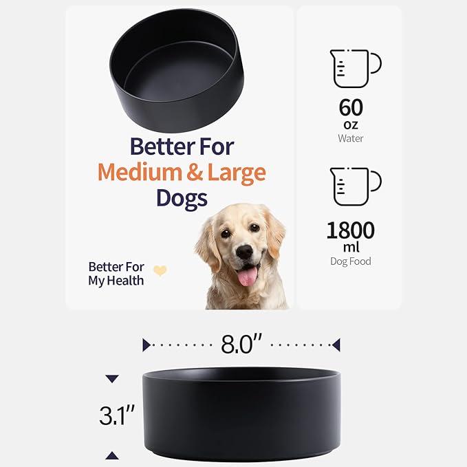 Black Dog Bowl Ceramic for Medium Large Breed, Heavy Weighted Dog Food Water Feeder Dish, Non - Slip Modern Cute Extra Big Porcelain 8 in Pet Bowl Maze