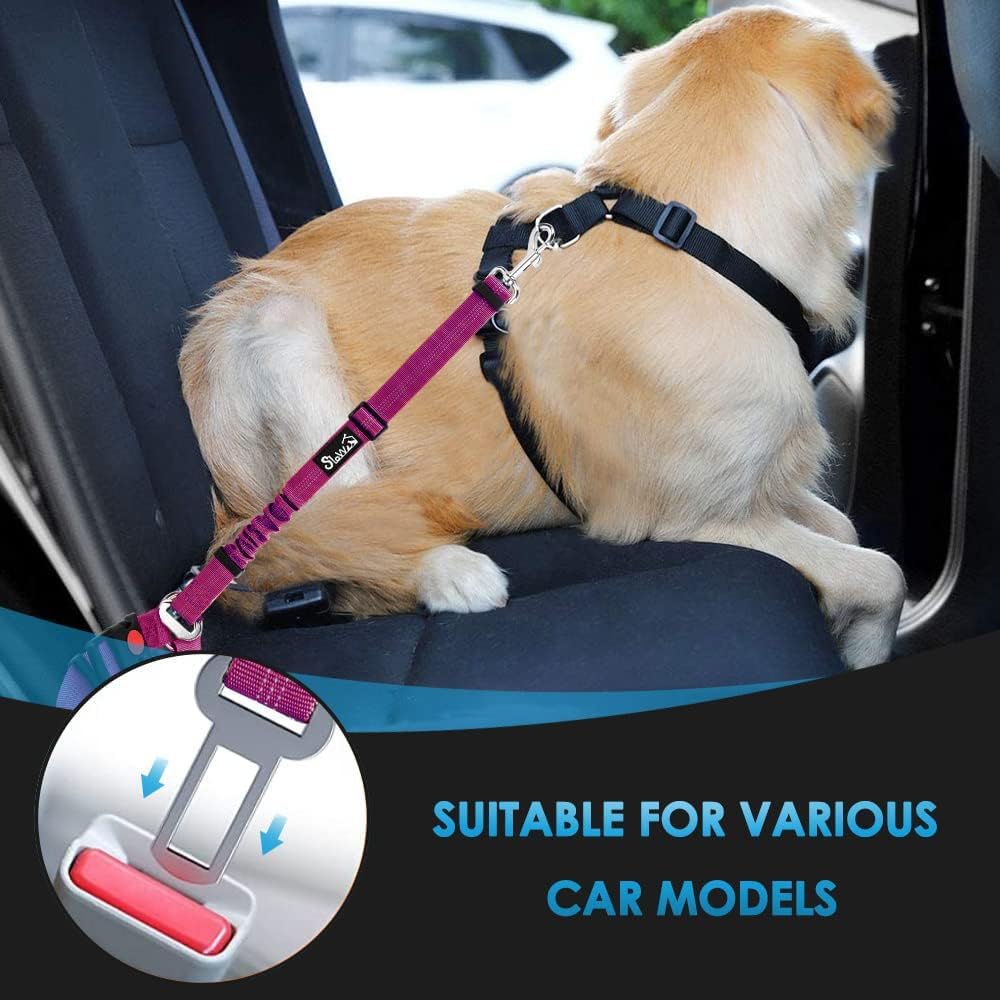 SlowTon Dog Seat Belt, 2 Pack Harness Seatbelt Adjustable With Elastic Bungee Buffer, 2 in 1 Pet Car Leash Headrest Restraint Reflective Safety Tether (Fushia, Dual Restraint)