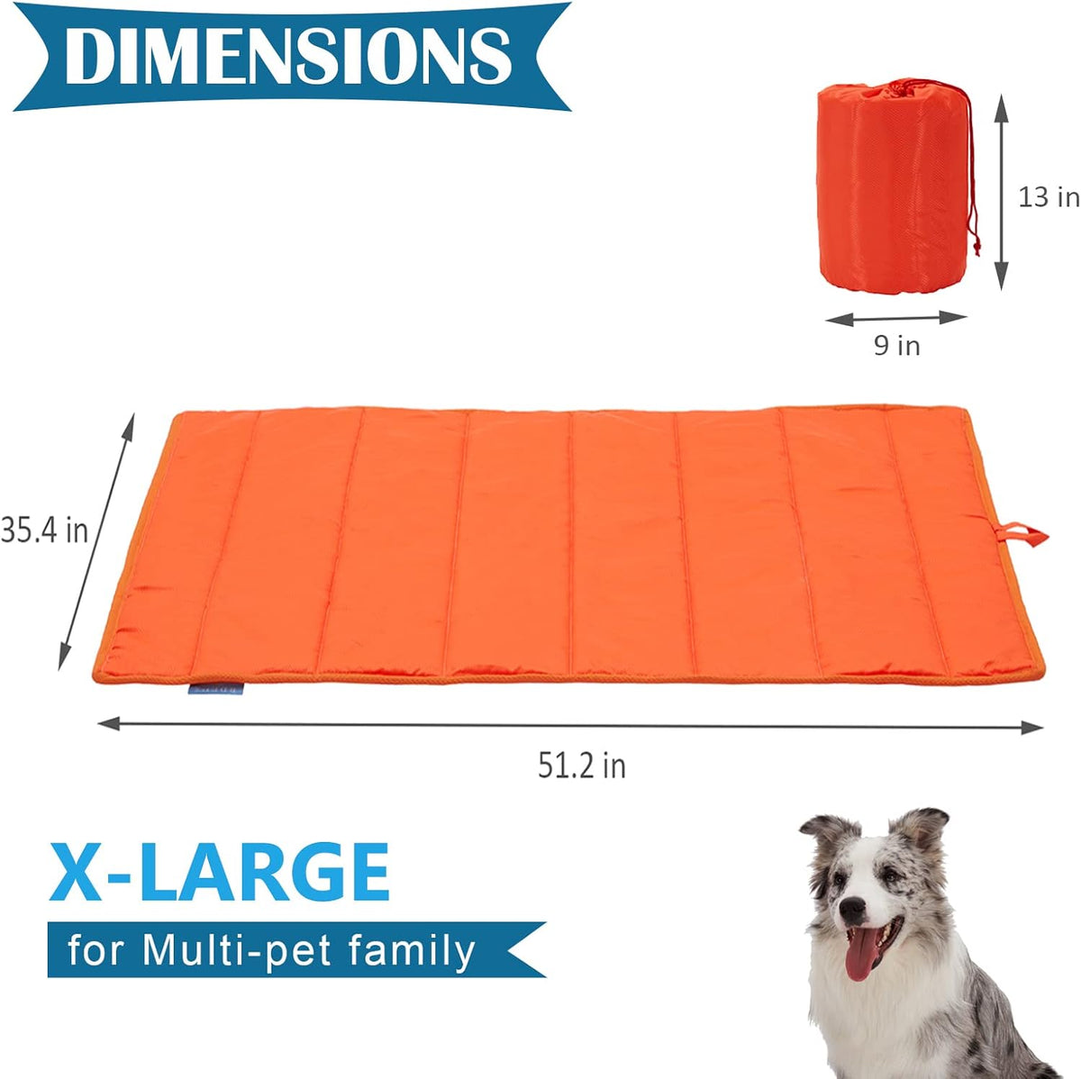BDEUS 51x35In Extra Large Size Outdoor Dog Bed, Waterproof & Portable Camping Travel Pet Mat, Easy to Clean, Washable Odor Resistant Pet Cooling Pad (Orange)