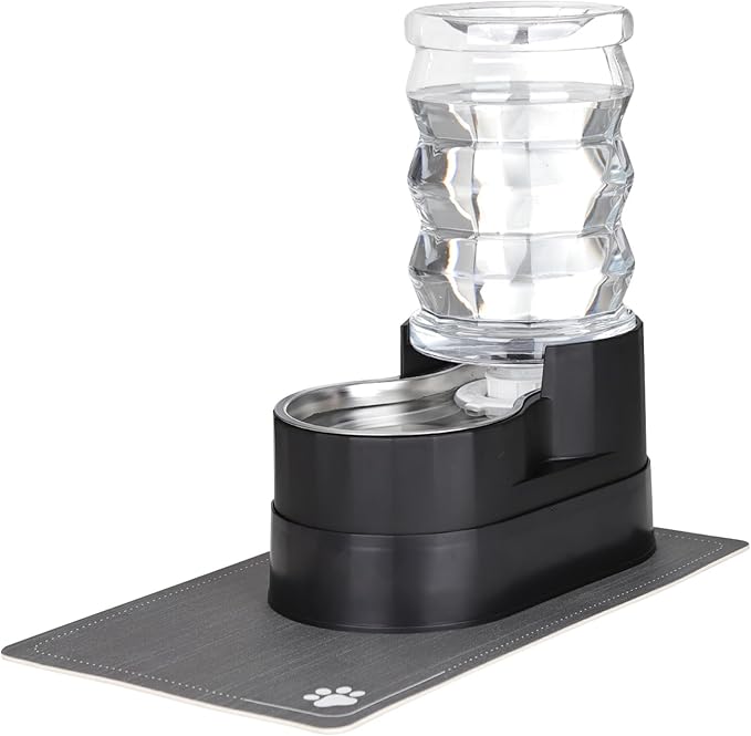 RIZZARI Automatic Cat Water Dispenser: Black 7L Elevated Fountain - Stainless Steel Gravity Feeder - Splash Guard Mat