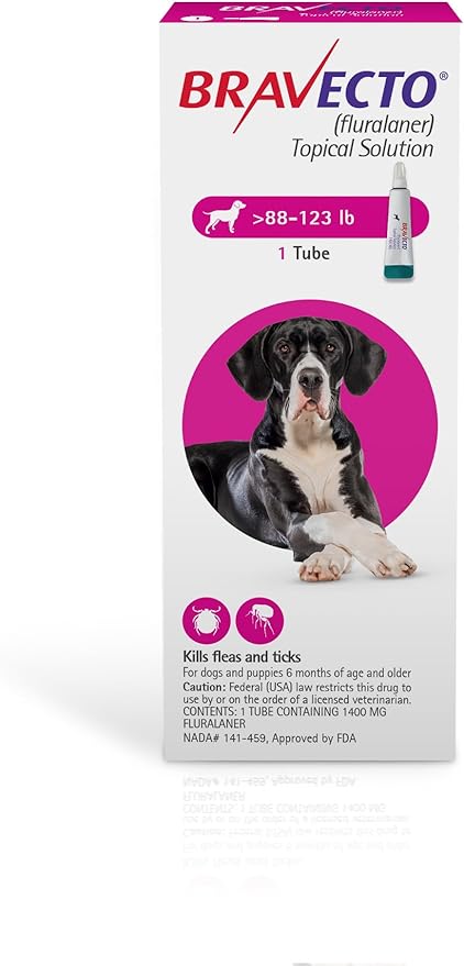 BRAVECTO Topical Solution for Dogs, Flea & Tick, 12 Week Supply, >88-123 lbs., Pink Box