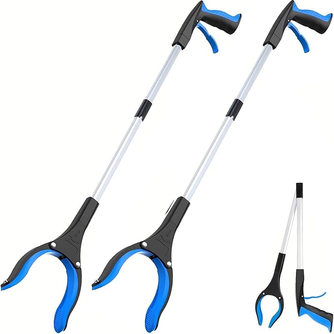 Grabber Reacher Tool - 32” Extra Long Foldable Gripper and Reaching Tool - Heavy Duty Pick Up Stick Grabbers for Seniors, Trash, Surgery Recovery Must Haves Gifts (Blue-2pc)