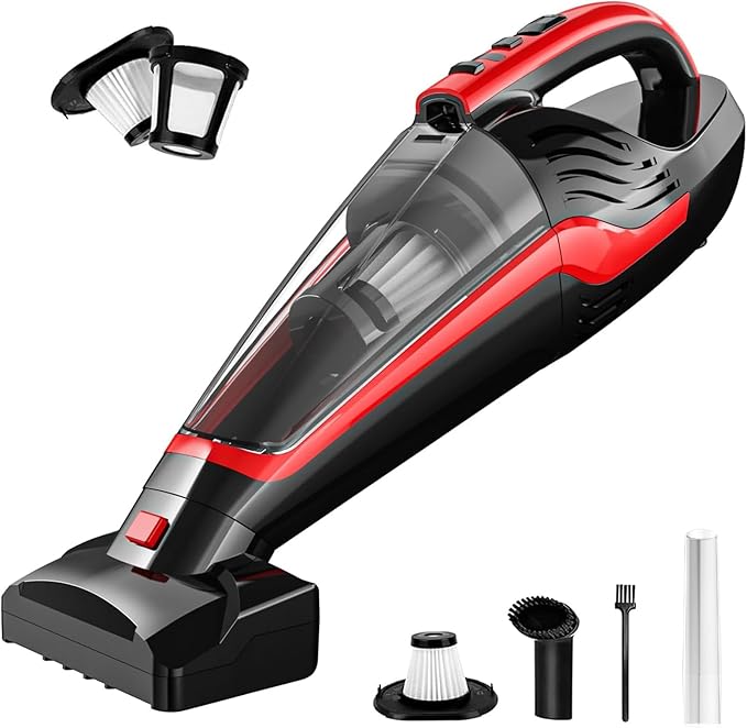 Pet Hair Handheld Vacuum Cordless, Car Vacuum Rechargeable with Reusable Filters, Motorized Brush and Multi-Accessories for Carpet, Couch & Stairs, Red, 17.0"X 4.6"X 6.6"