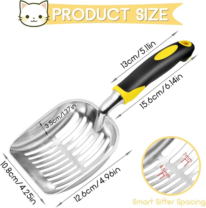 Cat Litter Scoop, Metal Cat Scooper, Rubber Handle Scoop, Sifting Shovel – Heavy Duty Aluminum Alloy Litter Box Scoop with Deep Mesh, Design for Easy Waste Removal and Cleaning(Yellow)