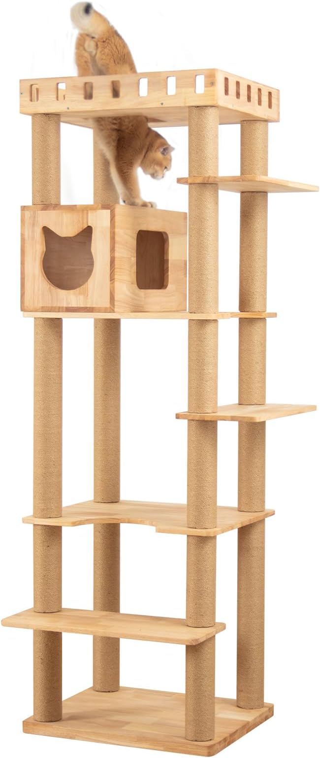 74" Wooden Cat Tree Tower for Large Cats, Multi-Level Cat Climbing Furniture with Scratching Posts, Cat Condo & Hammock, Natural Wood Cat Activity Center(Brown)