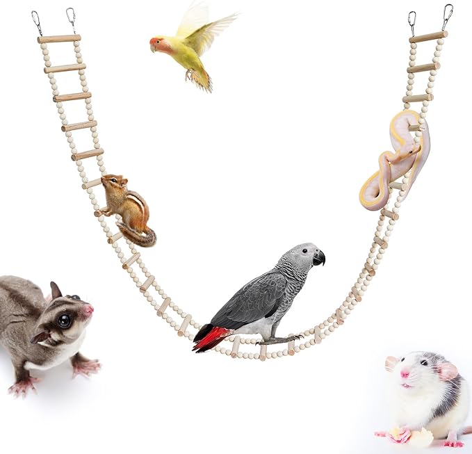 Long Bird Ladder with Wooden Rungs and Beads, Parakeet Climbing Swing Toys, Bird Cage Accessories, Wooden Climbing Bridge Toys for Parrots, Rat, Sugar Gliders, Squirrels, Snakes