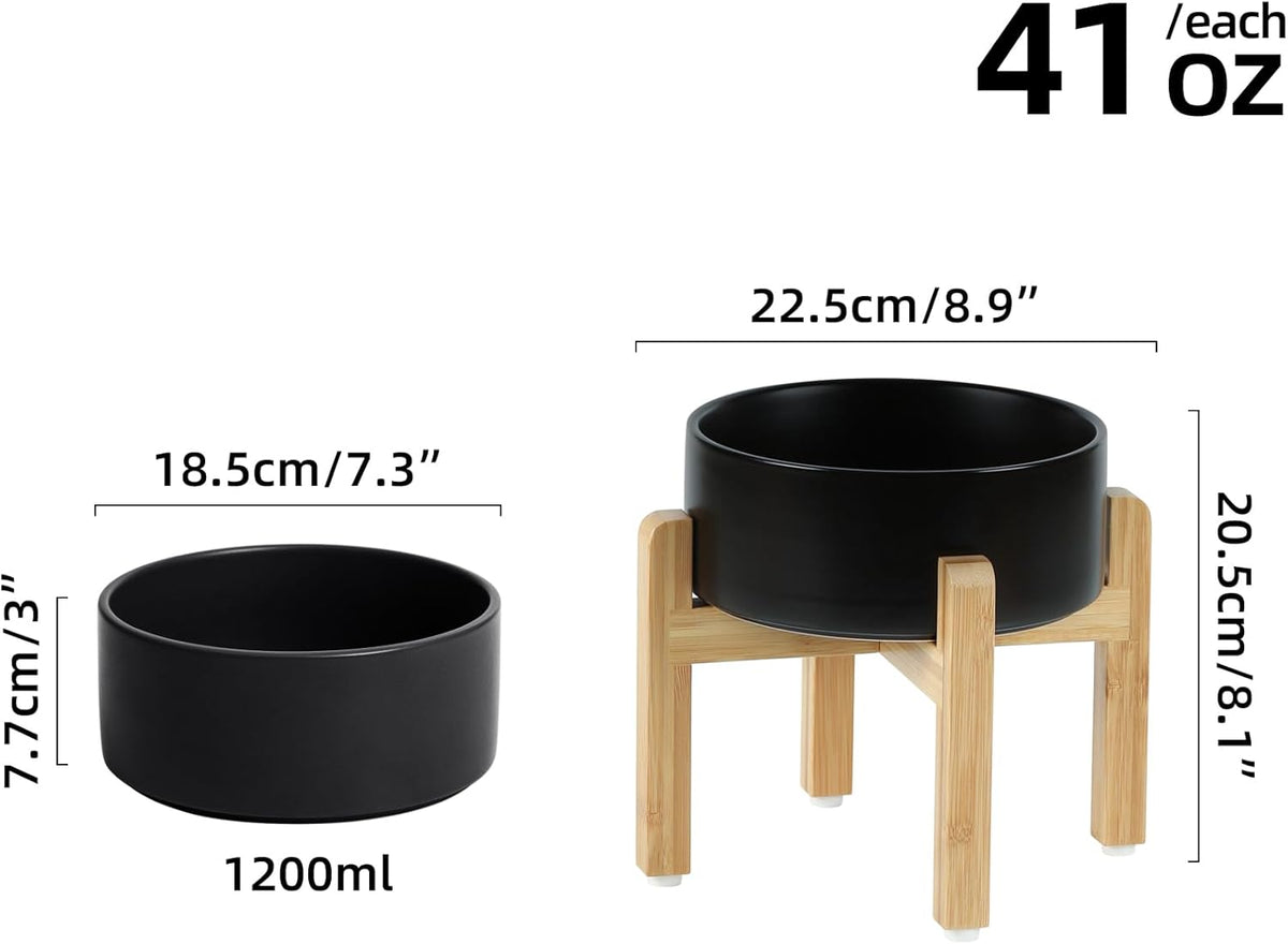 Ceramic Raised Dog Bowl Set, Elevated Dog Bowl with Stand, Food and Water Bowl for Medium Breed Dogs, Weighted Dog Dishes, Pet Bowl(7.3'',41OZ, Black)