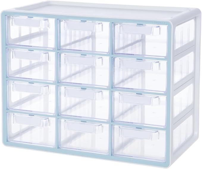 Blue Ginkgo Large 12-Drawer Cabinet – Stackable Clear Organizer for Hardware, Beads, Plastic Bricks, Office, and Craft Storage (Made in Korea, Blue)