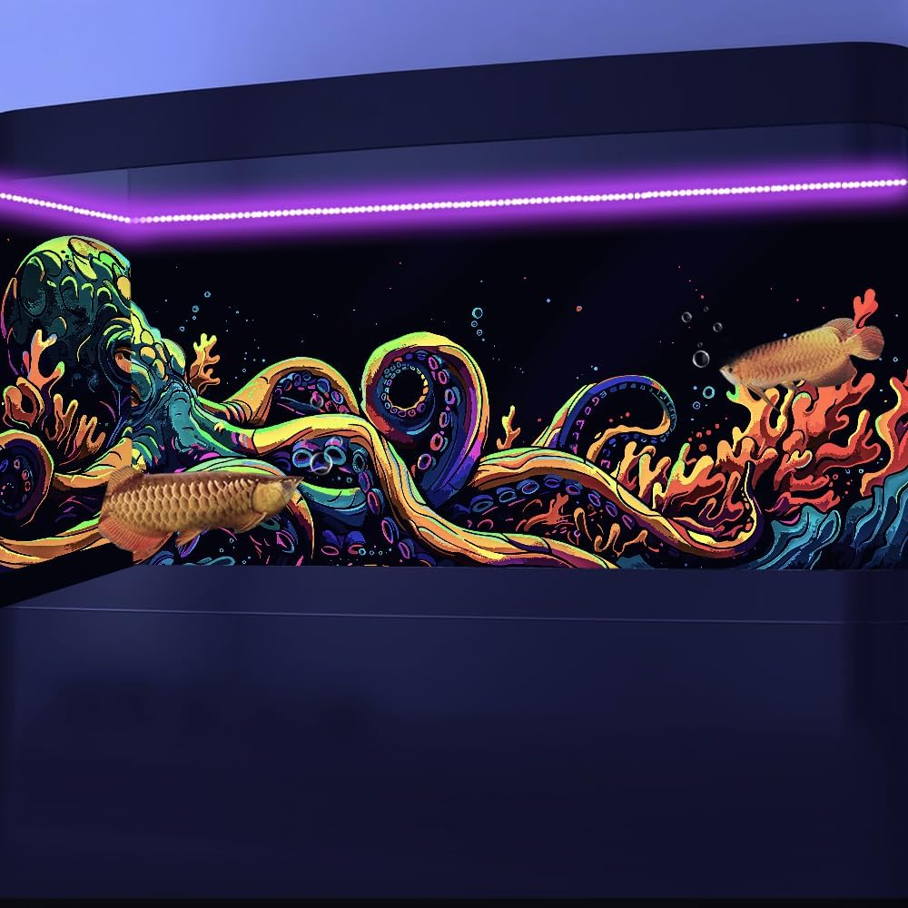 24X12IN Blacklight Octopus Sea Monster HD 3D Black Light Aquarium Background UV Reactive Background Terrarium Background with 10 EVA Double-Sided Tape