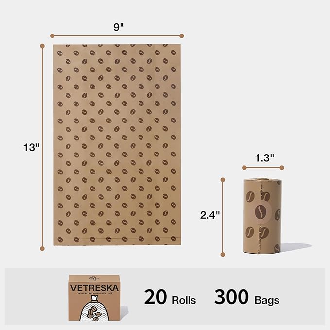 VETRESKA Dog Poop Bags, Coffee Scented Waste Bags, Leak Proof, Extra Thick and Large Dog Pet Bags for Dogs and Cats - 300 Count (20 Refill Rolls)