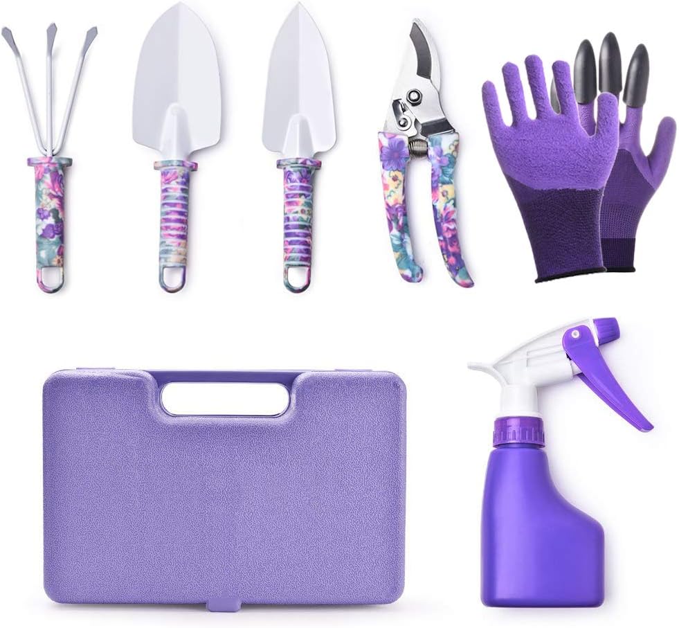 6 Pieces Garden Tools Set Planting Tools, Non-Slip Handle with Anti-Rust Trowel, Cultivator, Pruning Shear, Water Sprayer and Carrying Case, Gloves with Claws