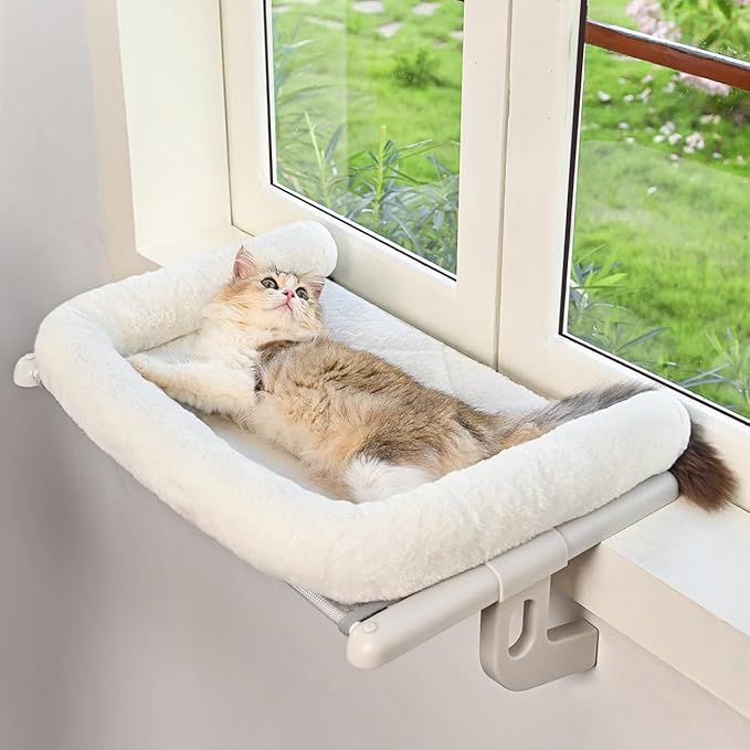 Cat Window Sill Perch with Large Bolster, Easy to Adjust & Assemble Cat Window Seat for Windowsill & Bedside, Pet Hammock Bed for Large Cats and Kittens (White, L)