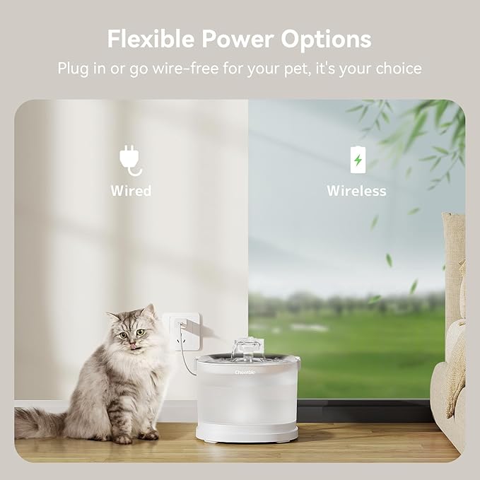 Cheerble Pumpless Pet Fountain Elfin E1+ with 9 Extra Filters, Wireless Pet Fountain Battery Operated, 2L/67oz E1+ Automatic Water Dispenser Cats & Dogs MagDrive™ Technology No Cleaning Hassle