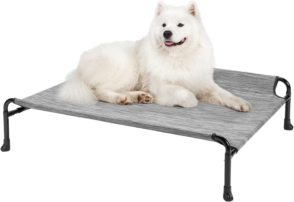 Veehoo Elevated Dog Bed, Cooling Raised Dog Bed with Guardrail & Headrest, Upgraded Non-Slip Silicon Feet, Breathable Teslin Mesh, Portable Pet Cot for Indoor and Outdoor, 35 x 22 Inches, Black Silver