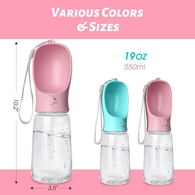 Kalimdor Dog Water Bottle, Leak Proof Portable Puppy Water Dispenser with Drinking Feeder for Pets Outdoor Walking, Hiking, Travel, Food Grade Plastic (19oz Pink)