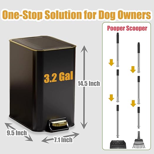 Dog Poop Trash Can Outside Stainless Steel - Metal Pooper Scooper Set - 12L Dog Waste Trash Can Outdoor with Pedal - Backyard, Yard - Removable Inner Bin, Long Handle Tray and Rake - Black and Gold