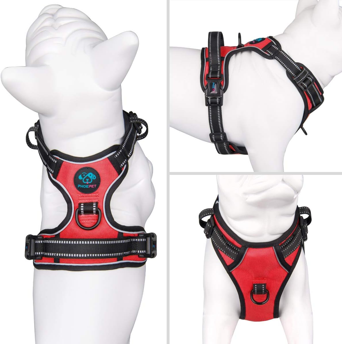 PHOEPET No Pull Dog Harnesses for Small Dogs Reflective Adjustable Front Clip Vest with Handle 2 Metal Rings 2 Buckles [Easy to Put on & Take Off](S, Red)