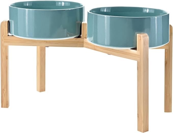 SPUNKYJUNKY Elevated Dog Bowls Ceramic, 8.3'' Dogs Food Water Bowls Raised with Non-Slip Bamboo Stand for Large Sized Breed Microwave Dishwasher Safe - 60 OZ,Dark Green