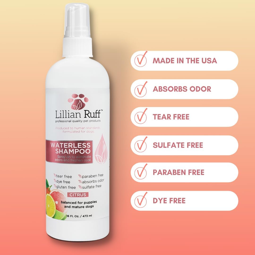 Lillian Ruff Starter Pack Gift Set for Dogs | Oatmeal Shampoo, Oatmeal Conditioner, Waterless Shampoo Citrus, Ear Cleaner & Otic Wax Solvent, Breath Spray, Leash Clip Waste Bag Dispenser with 15 Bags