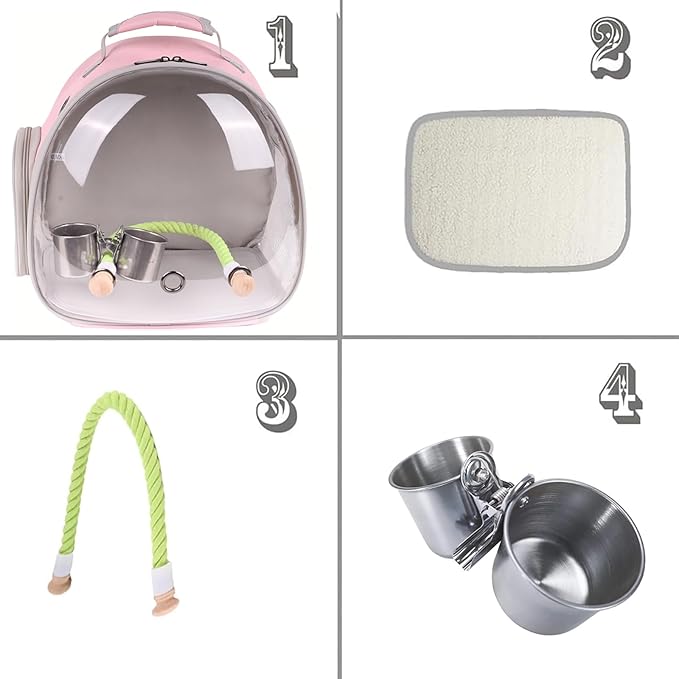 halinfer Small Bird Travel Backpack Carrier Cage with Cups, Backpack to Transport Backpack Carrier with Clamp Cups Stand Perch for Parakeet Cockatiel Budgies Vet Carry Book Bag Pink