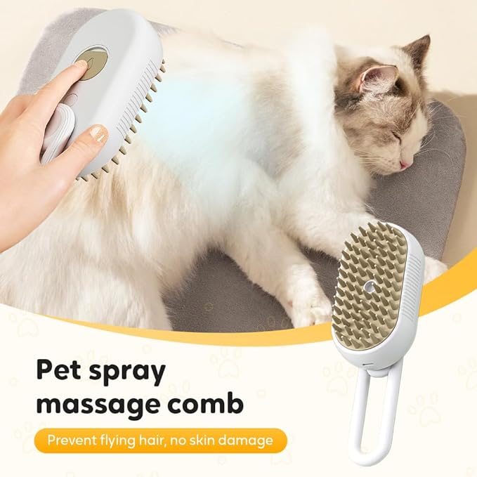 3-In-1 Rechargeable Steamy Cat Brush, Deep Cleaning & Hair Removal System with Rotating Handle, 360° Massage for Cats & Dogs (Cream)