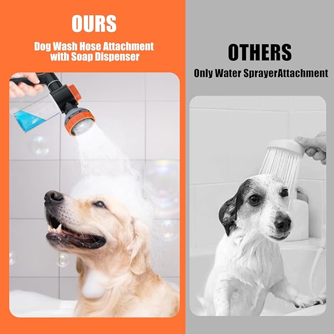 Dog Washing Hose Attachment for Pet Bathing with Black Shower Diverter, Pup Dog Wash Hose Nozzle Shampoo Sprayer for Indoor Outdoor Pet Shower, Dog Shower Attachment with Dog Brush